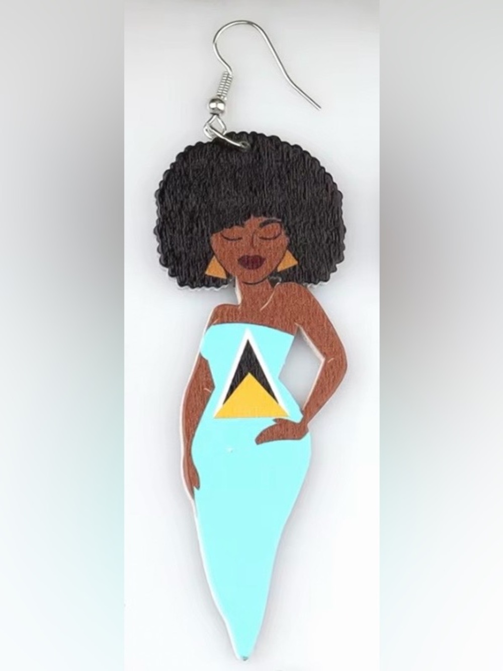 Saint Lucia Flag Afro Wooden Dangle Earrings | Caribbean Statement Earrings